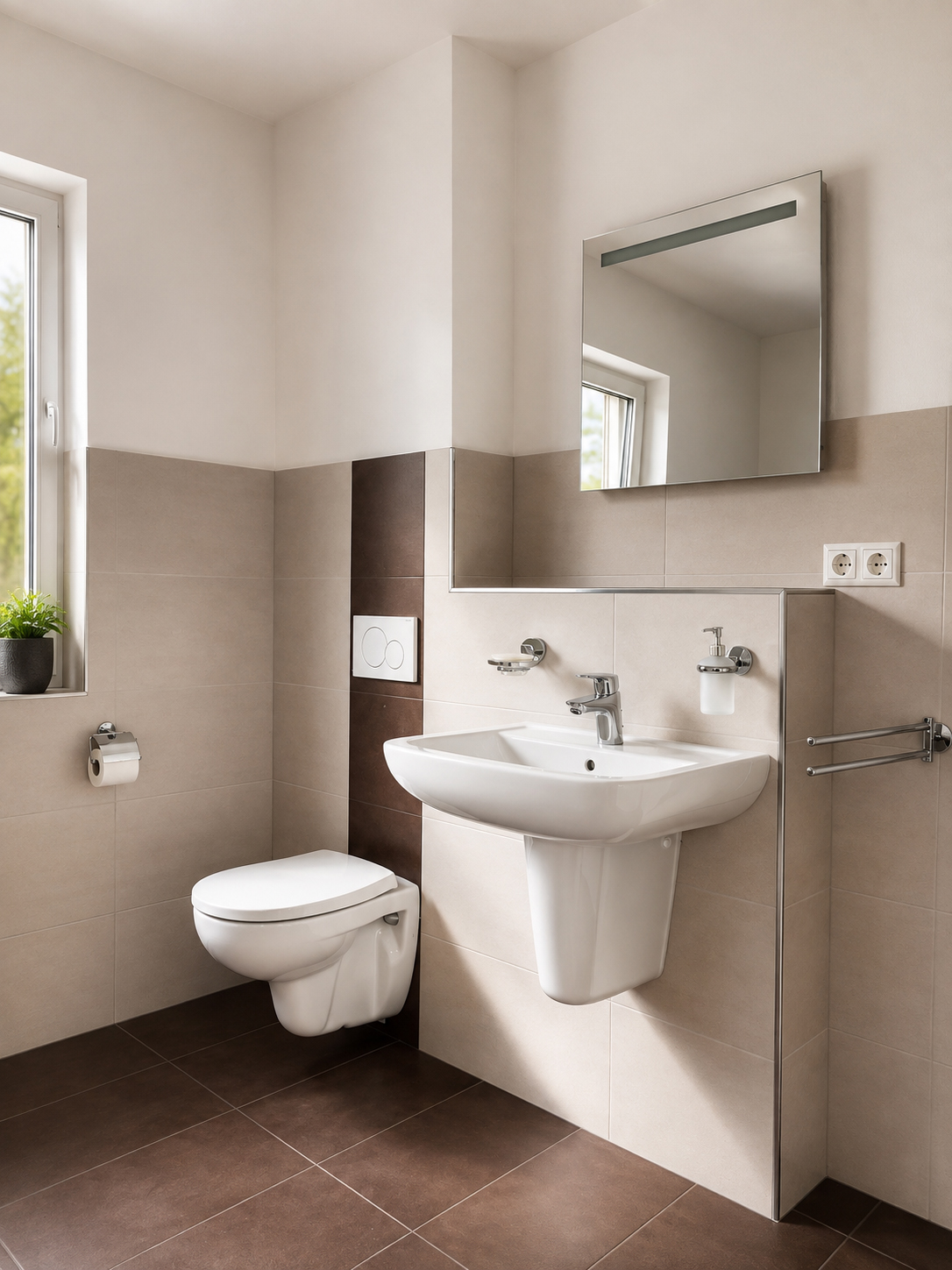 Badezimmerecke mit wandhängendem WC, freistehendem Waschbecken, großem Spiegel und braunen Boden- sowie Akzentfliesen