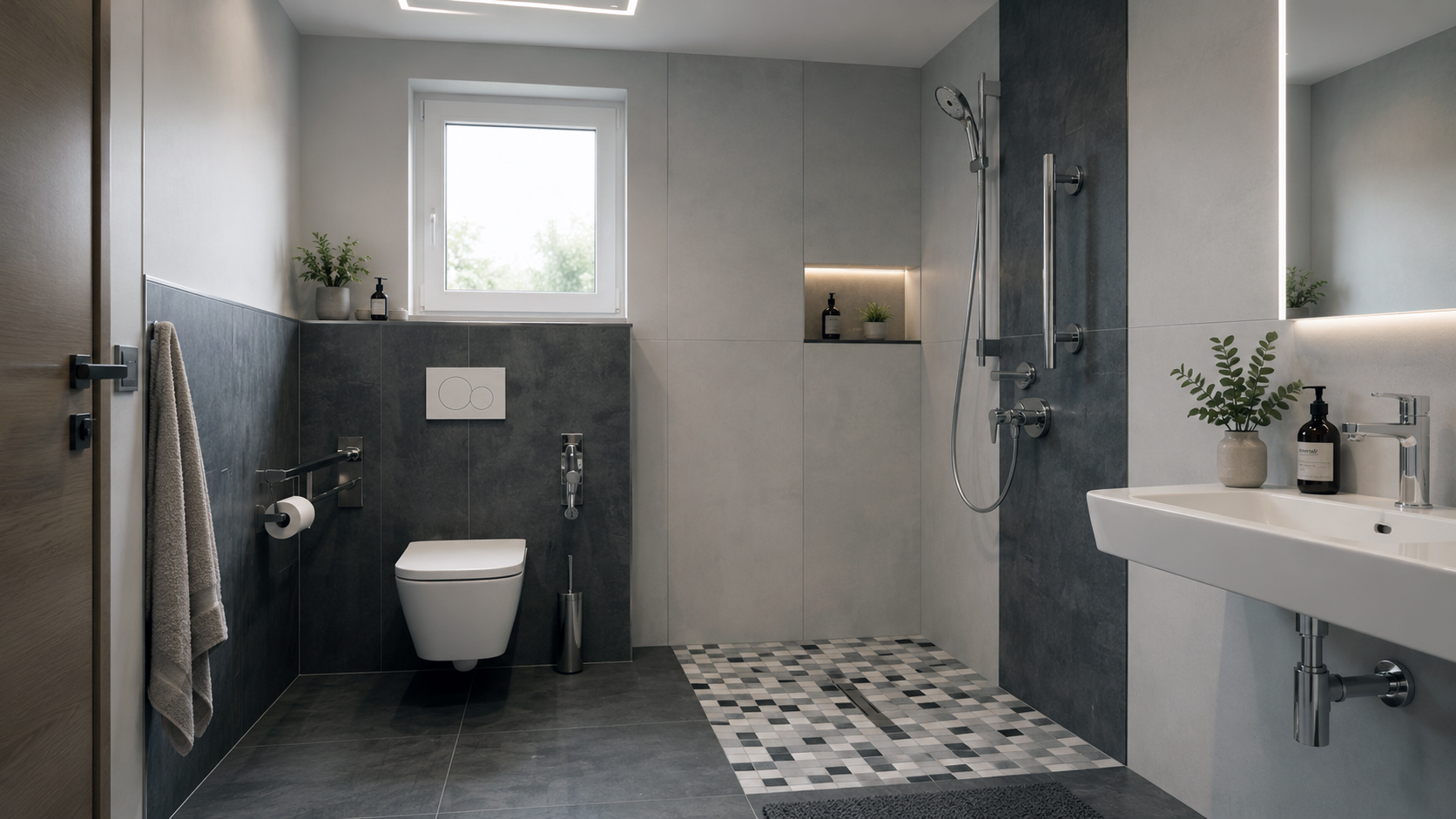 Barrierefreies Bad mit bodengleicher Dusche, dunklem Mosaikboden und Haltegriff neben wandhängendem WC