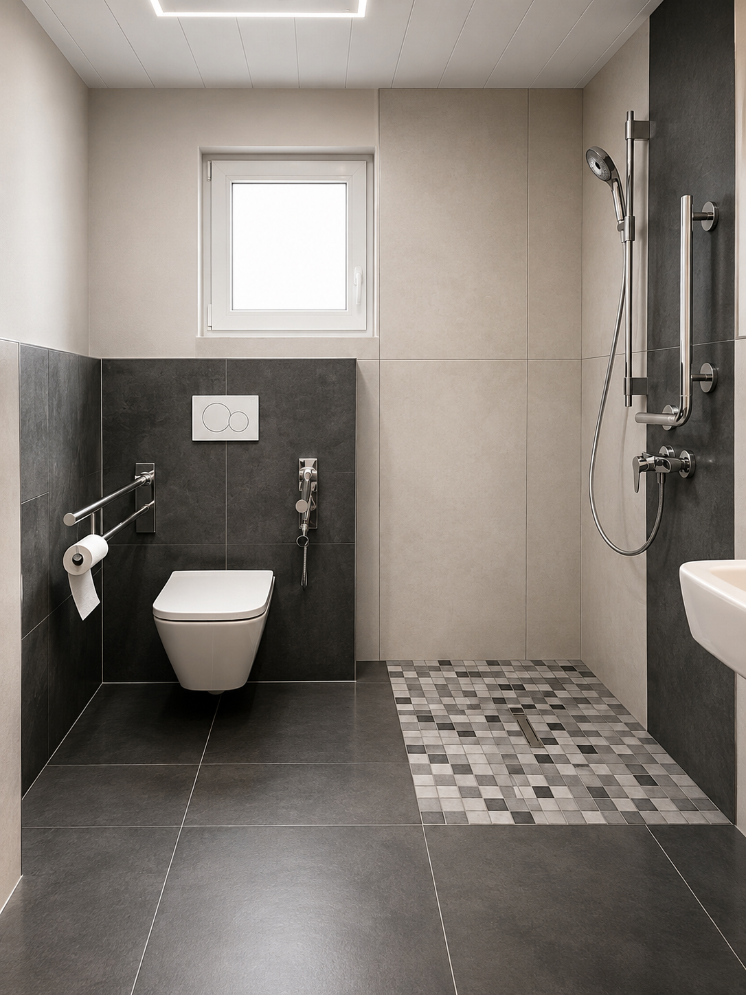 Bodengleiche Dusche mit grauen Mosaikfliesen