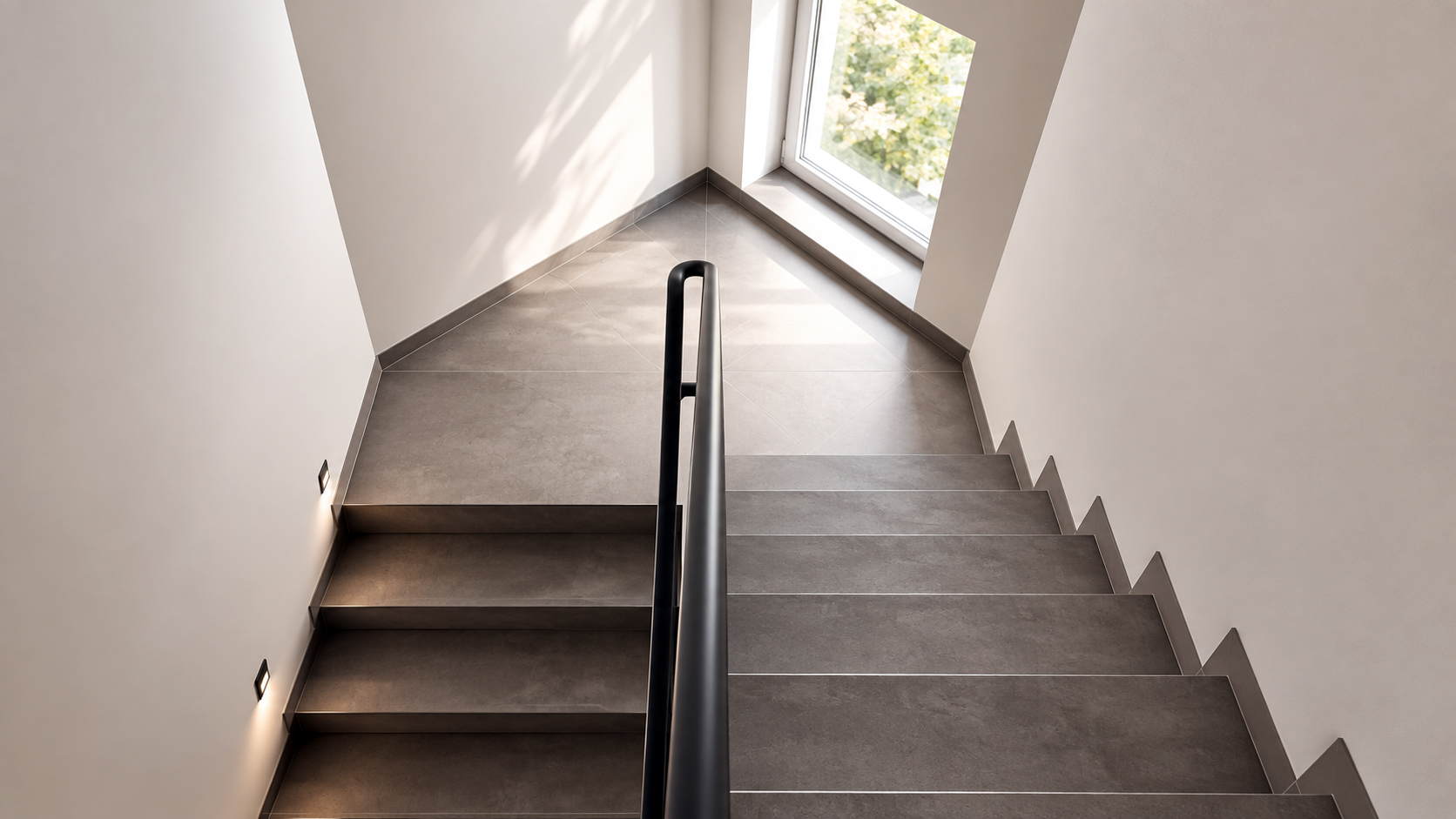 Geflieste Treppe mit großformatigen grauen Fliesen