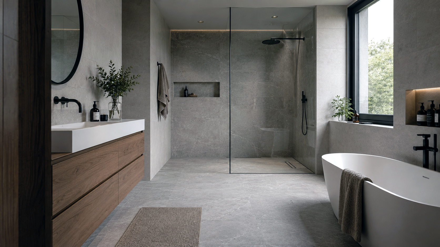 Modernes Badezimmer mit großformatigen Fliesen in Natursteinoptik