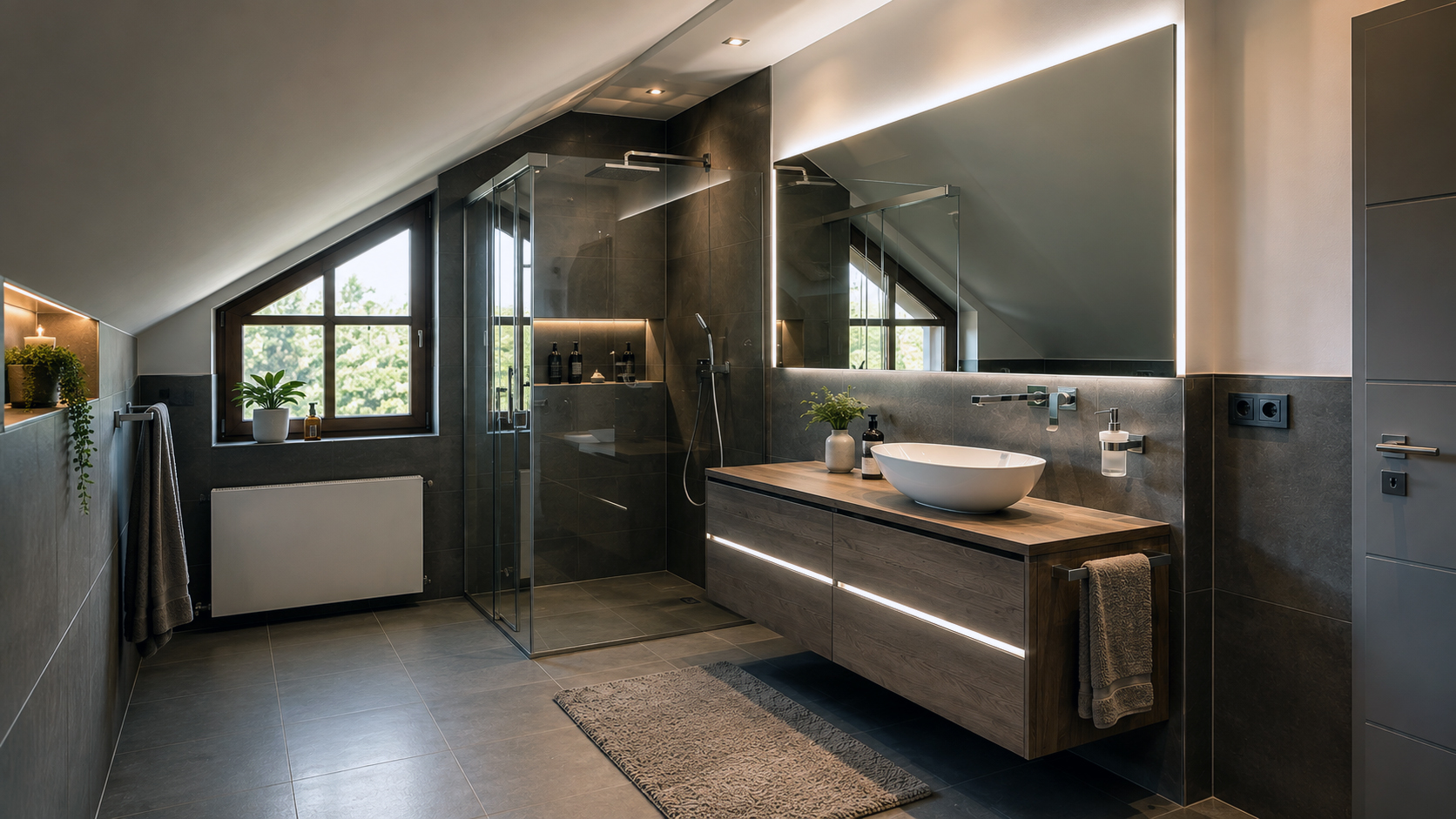 Modernes Dachgeschossbad mit dunklen großformatigen Fliesen, Glasdusche und freistehendem Holzwaschtisch